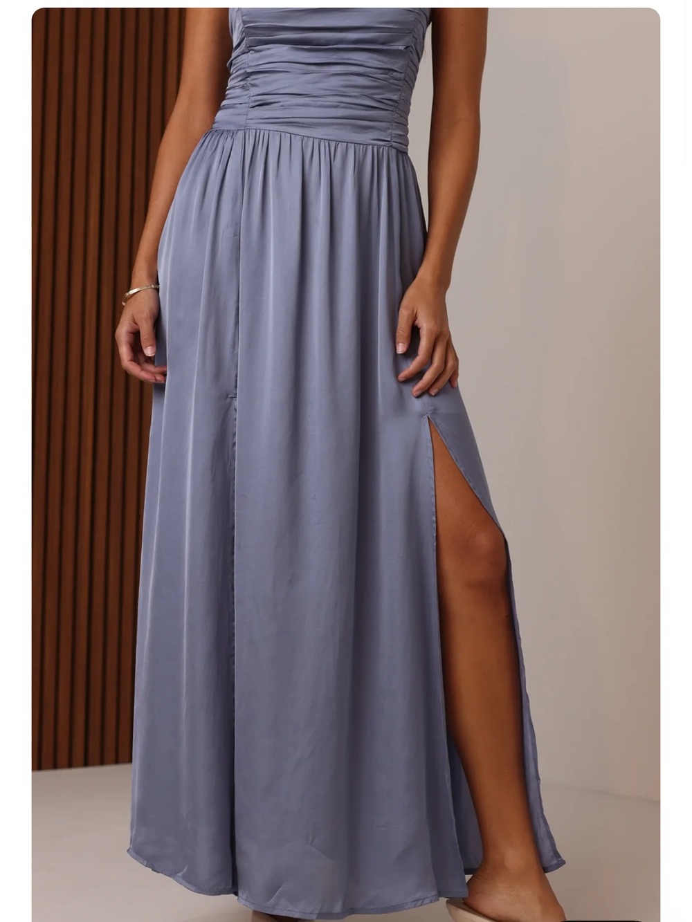 Ruched Slate Blue Maxi Dress with Side Slits